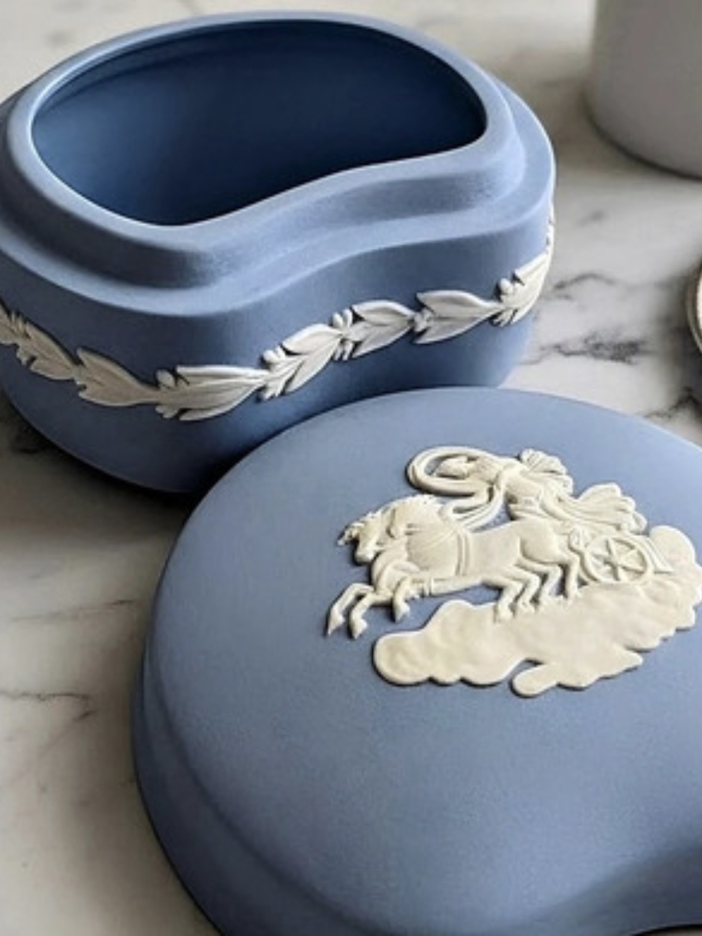 Wedgwood Jasperware Kidney Shaped Trinket Box Set Blue & White